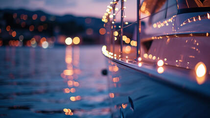 A luxury yacht charter in the Mediterranean with bokeh lights reflecting on the tranquil waters as guests enjoy a lavish dinner cruise  - obrazy, fototapety, plakaty