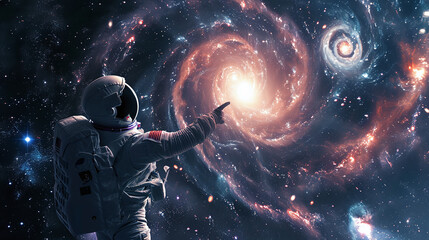An astronaut pointing at swirling galaxies 