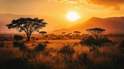 African Sunset with Acacia Trees and a Distant Mountain Range 