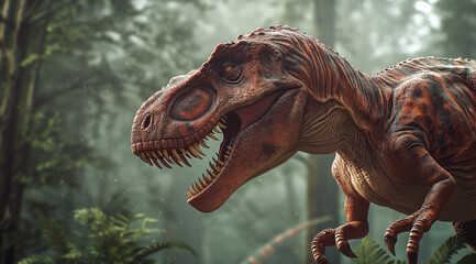 a red t rex bites into something in the forest
