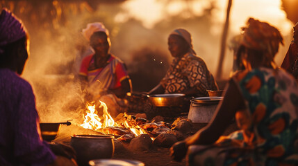 African village celebration with a blurred background of the savannah locals gather around a fire sharing stories and laughter as they enjoy a communal meal under the open sky