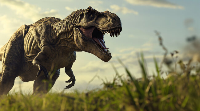 tring trex walking with its open mouth in a grassy field