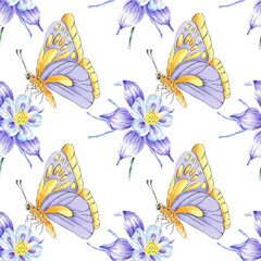 Watercolor seamless pattern flower butterfly anemone hand drawn botanical style. Art print for wallpaper, textile, wrapping paper, scrapbooking design