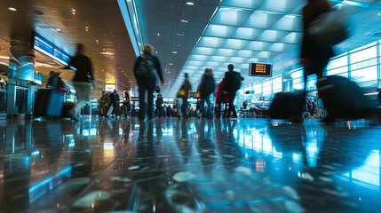 Busy Airport Terminal, Travelers in Motion, Blurry 