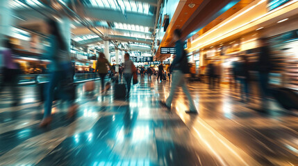 Busy Airport Terminal, Travelers in Motion, Blurry 