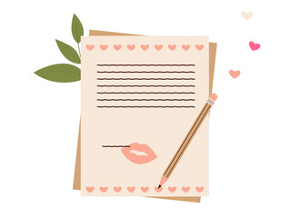 Love letter template on paper sheet with lipstick imprint. Vector illustration