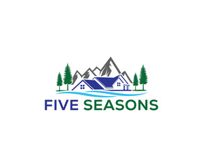 Luxury Mountain Cabin house in the Woods logo design with mountain and tree vector illustrations Logo