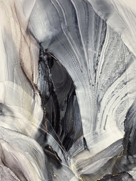 Abstract fluid art in grey, beige, and black with subtle gold accents. Alcohol ink, organic swirls, marbling effect. No real property or natural materials depicted.