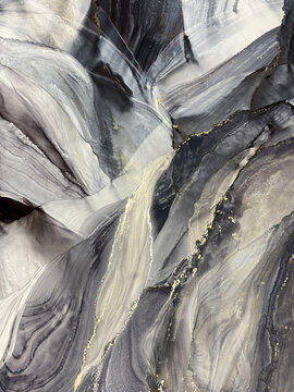 Abstract fluid art in grey, beige, and black with subtle gold accents. Alcohol ink, organic swirls, marbling effect. No real property or natural materials depicted.