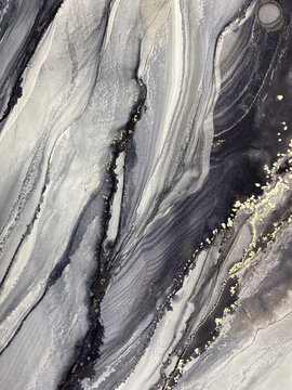 Abstract fluid art in grey, beige, and black with subtle gold accents. Alcohol ink, organic swirls, marbling effect. No real property or natural materials depicted.