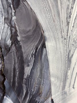 Abstract fluid art in grey, beige, and black with subtle gold accents. Alcohol ink, organic swirls, marbling effect. No real property or natural materials depicted.