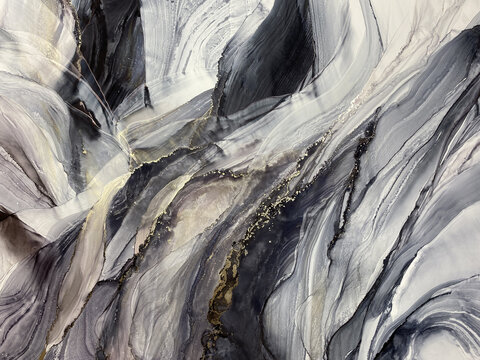 Abstract fluid art in grey, beige, and black with subtle gold accents. Alcohol ink, organic swirls, marbling effect. No real property or natural materials depicted.
