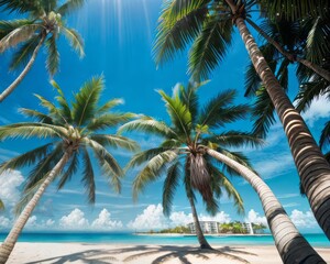 a group of palm trees against a blue sky, coconut palms