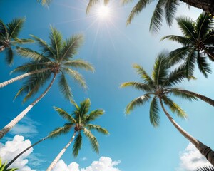 Fototapeta na wymiar a group of palm trees against a blue sky, coconut palms