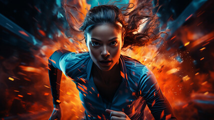 Running woman with dynamic orange illustrated background