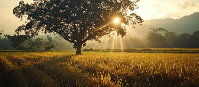 Filtered film captured silhouette of tree in Chonburi rice field with under light from sun beam.