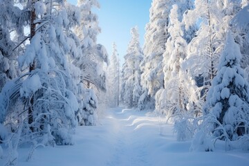winter landscape, shining snow with Christmas trees