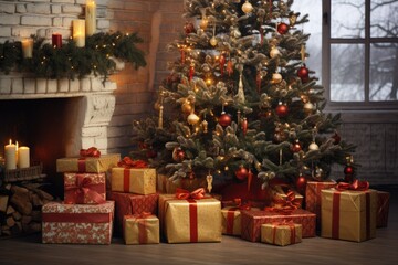 Naklejka na ściany i meble Beautiful Christmas gifts under tree on floor in room