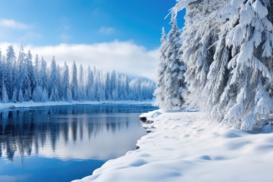 winter landscape, shining snow with Christmas trees