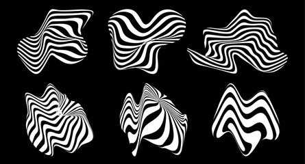 Abstract striped optical illusion isolated shapes. White and black wavy stripes. Set of brutalist modern aesthetics elements. Vector flat illustration on black background.