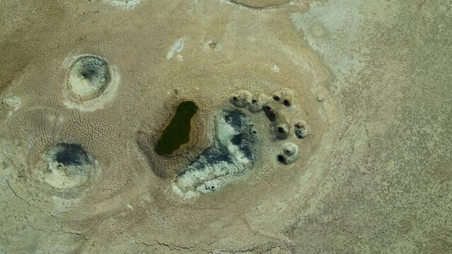 A UAV Drone View of a Geothermal Field Near the Salton Sea, California with Mud Pot Cones Boiling 