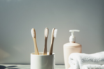Natural bamboo toothbrushes, soap container and towels on a light background.