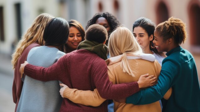 Group of multiethnic people in line of hugs to support each other. Back view