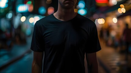 Male guy wearing casual t-shirt mockup placement, Mockup Template on hipster adult for design print, Boy wearing black t-shirt isolated on city street in night with bokeh lights background