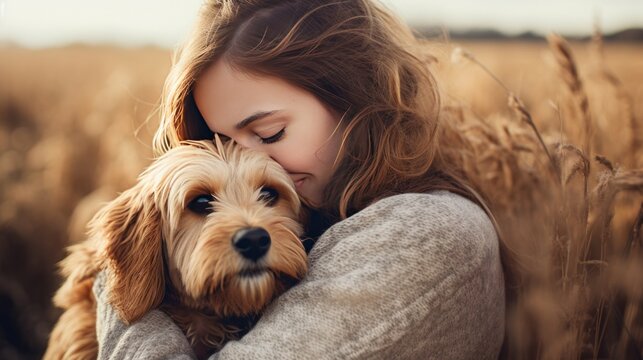 Young woman hug his lovely dog friend