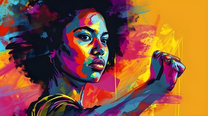 Young black African descent girl colorful abstract illustration poster, Girl making fist sign as a symbol of resistance and advocacy for social justice, racial equality, Black history month banner