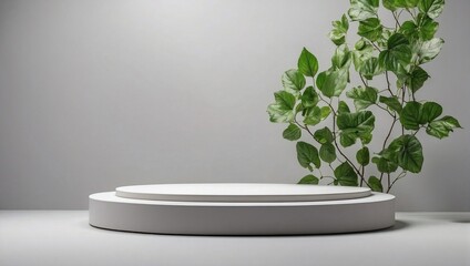 Empty Podium, Product Presentation Template, Green Leaves on Gray Background