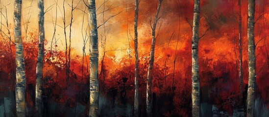 Birch trees form a sunset backdrop.