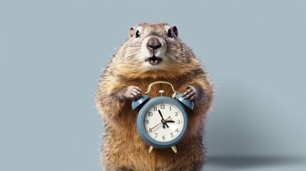 Groundhog with an alarm clock. Poster with funny animals. Good morning. Groundhog Day. Time to study, work, take an exam, interview, meeting, business. The groundhog woke up, weather forecast. - obrazy, fototapety, plakaty