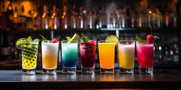 Mixed colorful and fruity coctails on the bar table
