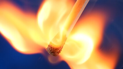 Macro shot of a burning match against a blue studio background. The flame of the burning match...