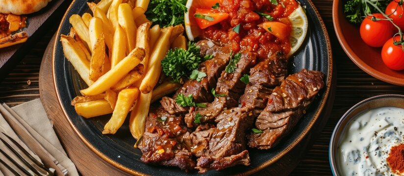 Turkish dish with sliced beef, fries, and yogurt: Cokertme Kebab.