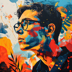 The poster shows a man with abstract designs on his face and glasses,