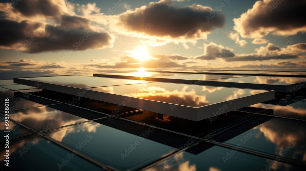 Canvas Prints A view of a glass roof with the sun setting in front, AI