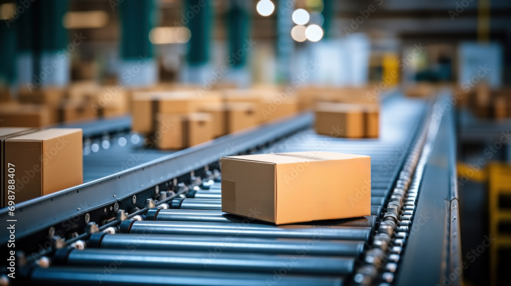 Wall mural A conveyor belt with boxes on it in a factory, AI