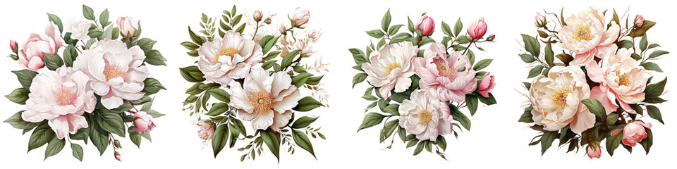Jasmine Philadelphus and pink peony flowers Hyperrealistic Highly Detailed Isolated On Transparent Background Png File