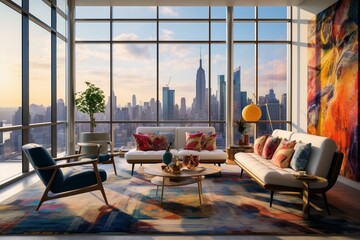 A high-rise apartment with floor-to-ceiling windows and minimalist decor, a 3D intricate, colorful geometric pattern on the throw pillows, the city skyline in the background
