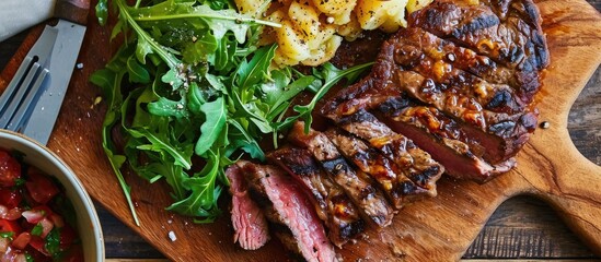 Delicious grilled ribeye with cheesy potatoes and fresh greens.