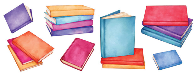Stack of books. school books pile. education book heap. Study books pile. Textbook stack for reading. hand drawn watercolor illustration	
