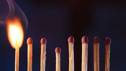 A row of matches with red gray on a dark studio background. The first match burns embraced by a...