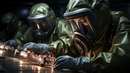 Scientists in Hazmat Suits Working in Dark Laboratory with Red Illuminated Devices - obrazy, fototapety, plakaty