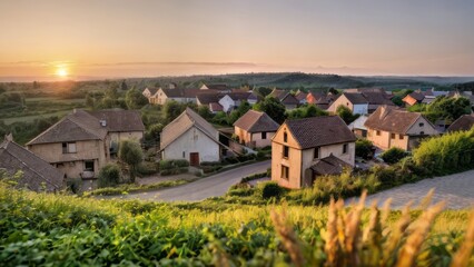 Fototapeta na wymiar a photograph of a village in nature landscape, sunset
