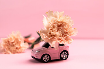 Pink toy car with carnation flower on a roof and in a background on pink 