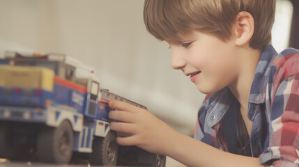 child playing with a toy truck or car. 5 year old kid is happy to mess with his little toy truck
