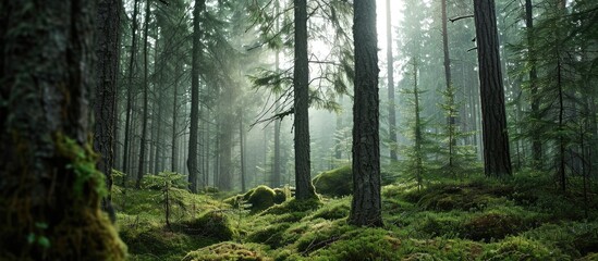 Finnish evergreen forests symbolize peaceful ecology, conservation. - Powered by Adobe
