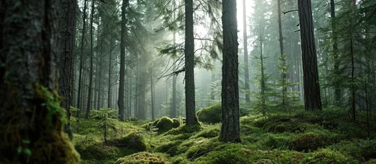 Poster Finnish evergreen forests symbolize peaceful ecology, conservation. © AkuAku